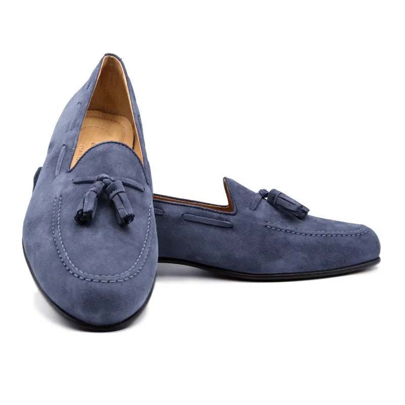 16-580-BLU NAPLES Italian Kid Suede Tassel Loafer, Blue Water