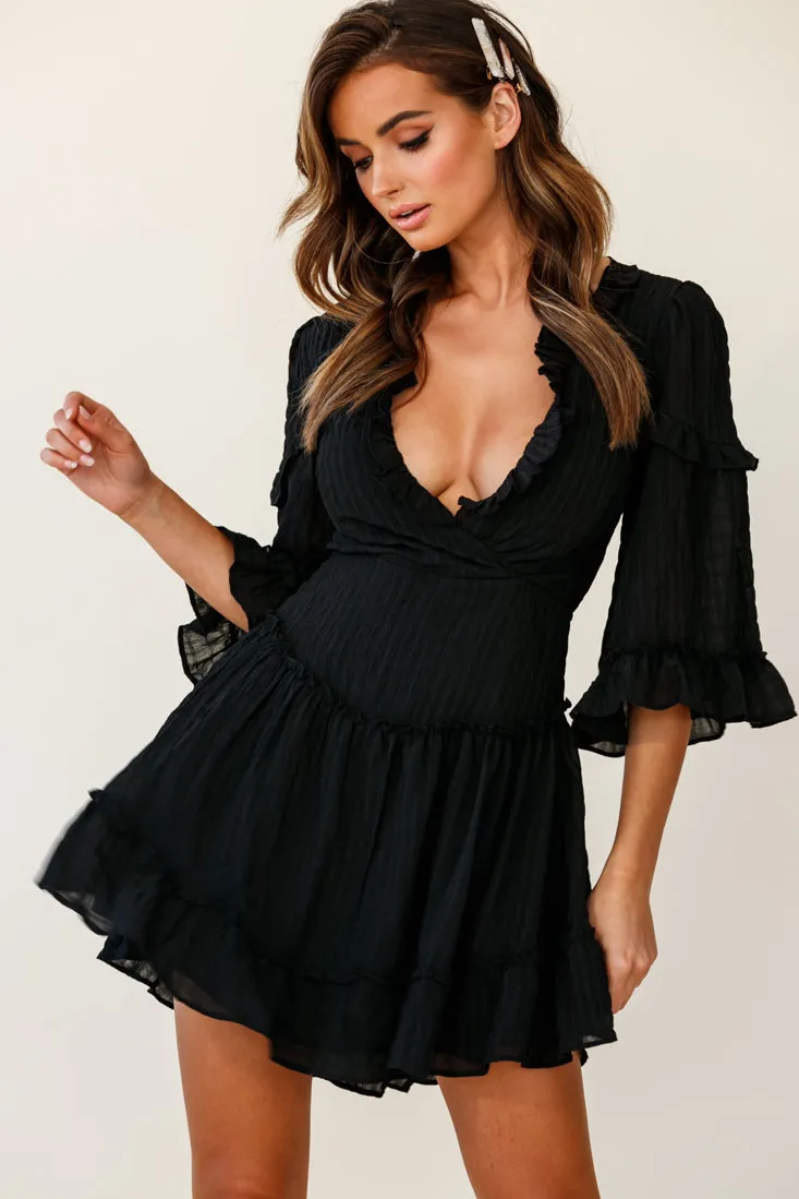 Albany Lace Up Back Frill Dress Shirred Black