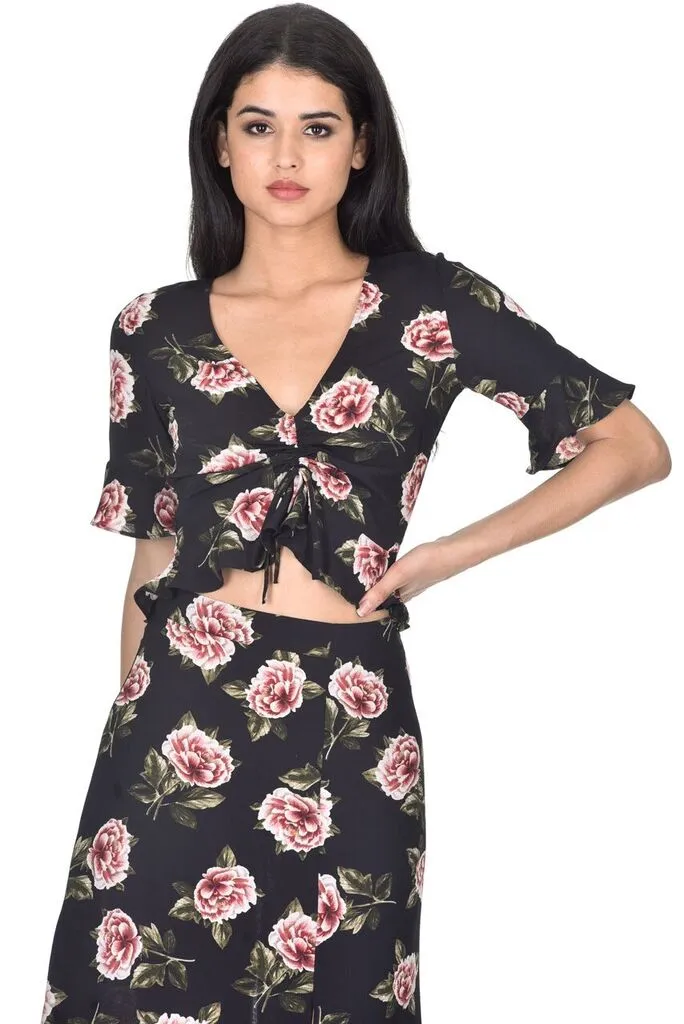 Black Floral Ruched Top