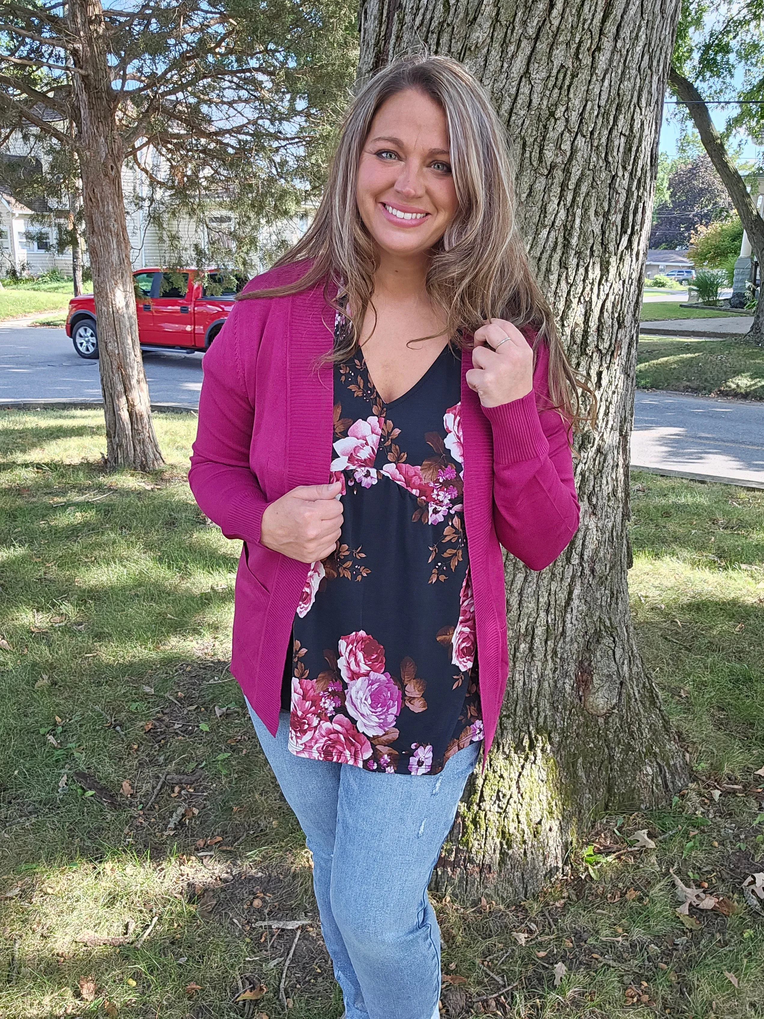 BLACK/MAGENTA FLORAL BABYDOLL TOP