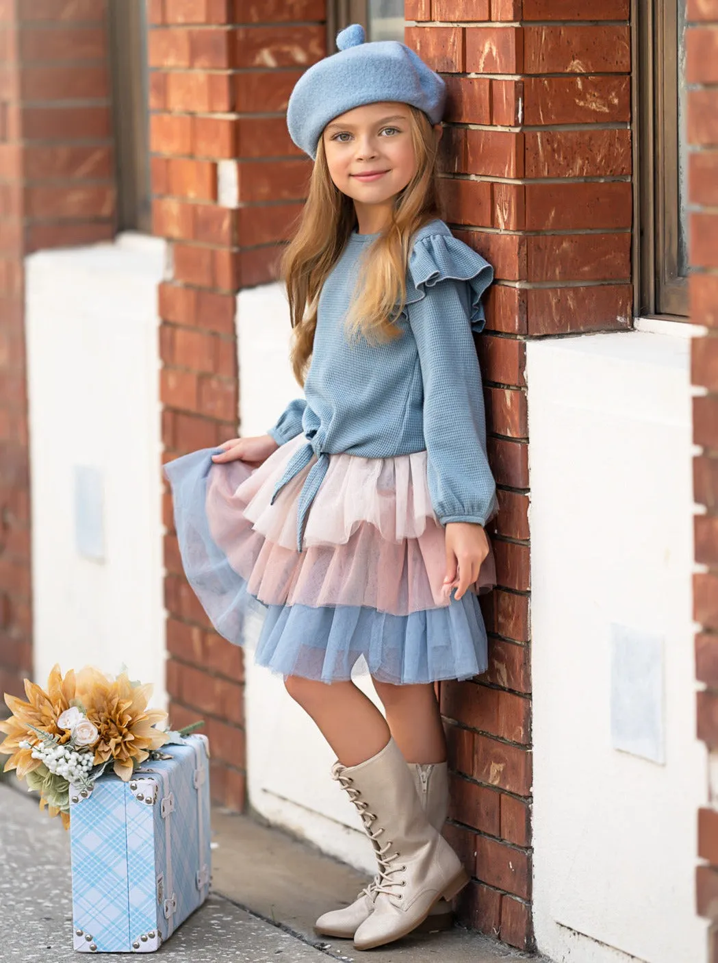 Blue Ruffle Top and Layered Tutu Skirt Set