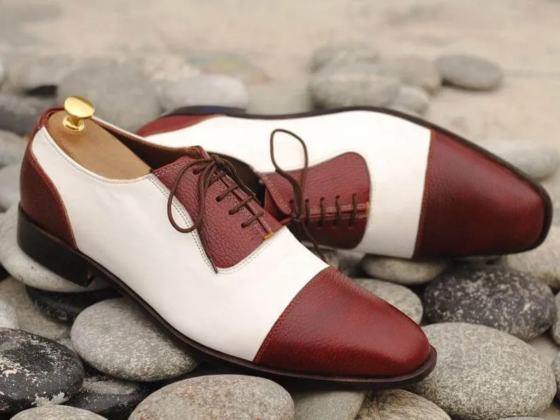 Elegant Handmade Men's Burgundy White Leather Cap Toe Lace Up Shoes, Men Dress Formal Luxury Shoes