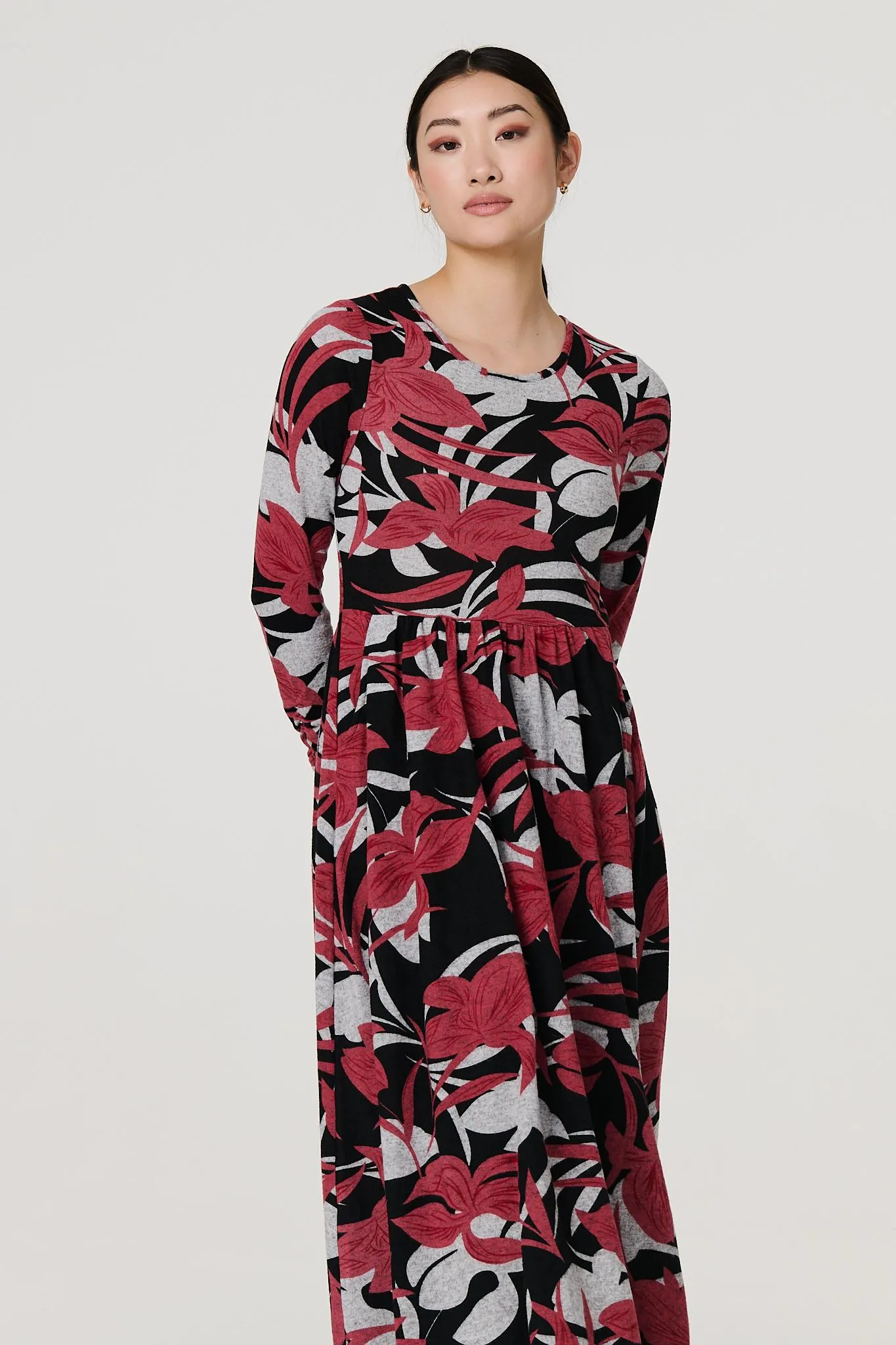 Floral Long Sleeve Pleated Midi Dress