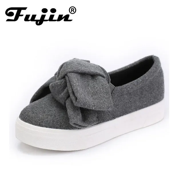 Fujin 3cm black grey women spring boots winter Fashion Women Flats Bow Woman Platform Shoes Slip On Espadrilles Shoes Creepers