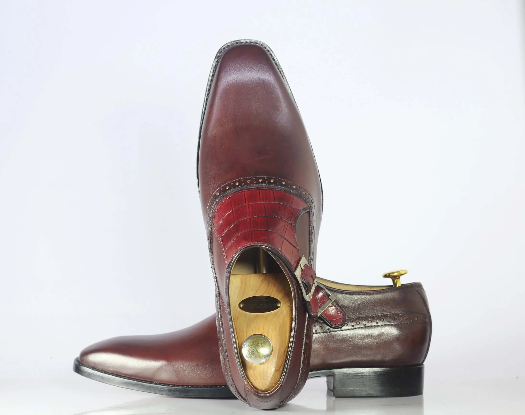 Handmade Men's Burgundy Monk Strap Shoes, Men Leather Casual Dress Shoes