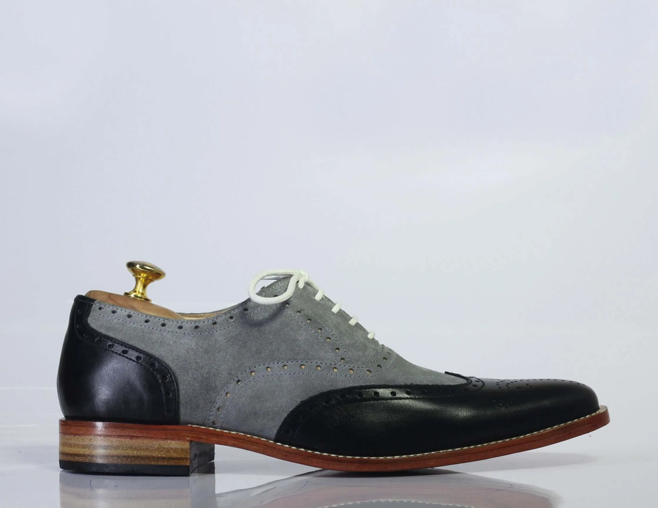 Handmade Men’s Gray Black Wing Tip Shoes, Men Leather Suede Lace Up Dress Shoes