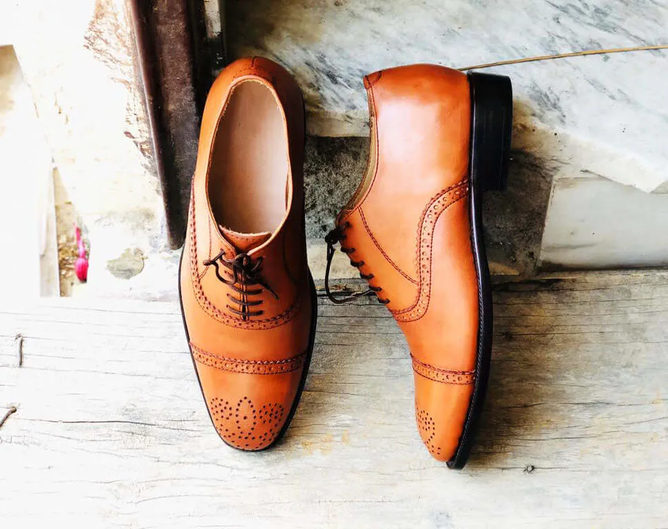 Handmade Men's Tan Cap Toe Brogue Leather Lace Up Shoes, Men Designer Dress Formal Luxury Shoes