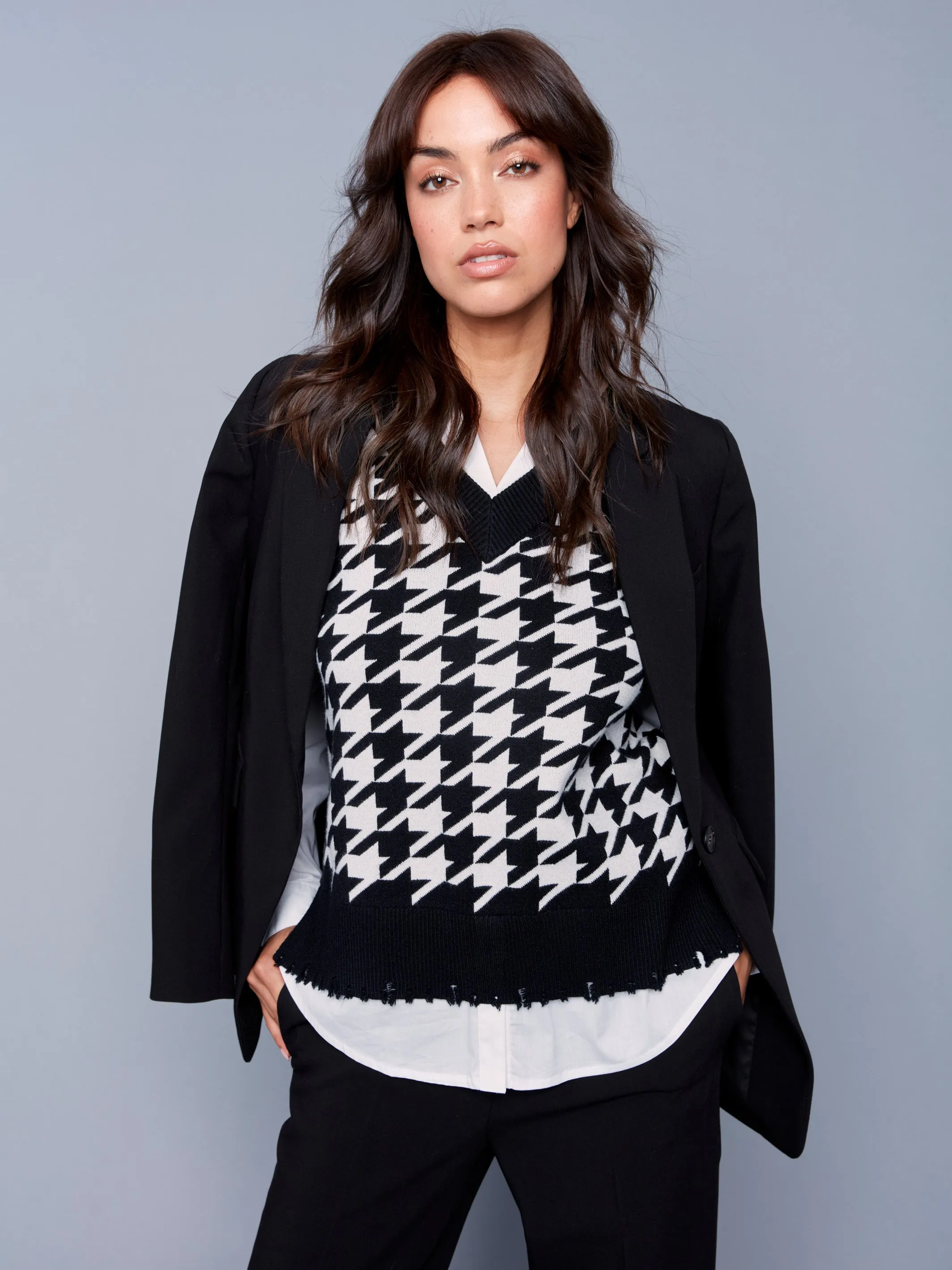 Houndstooth Fooler Vest with Shirt Collar - Pepper