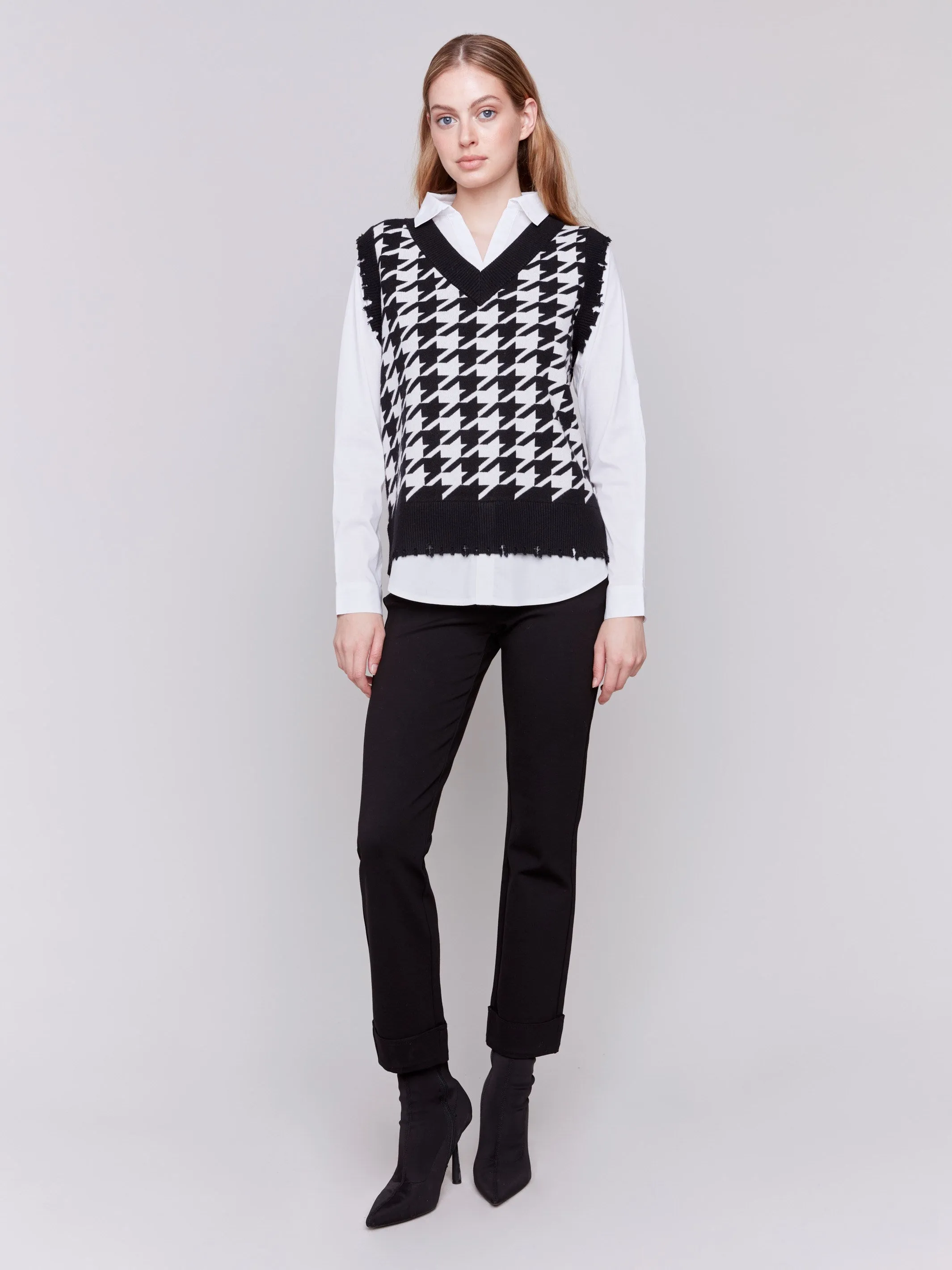 Houndstooth Fooler Vest with Shirt Collar - Pepper