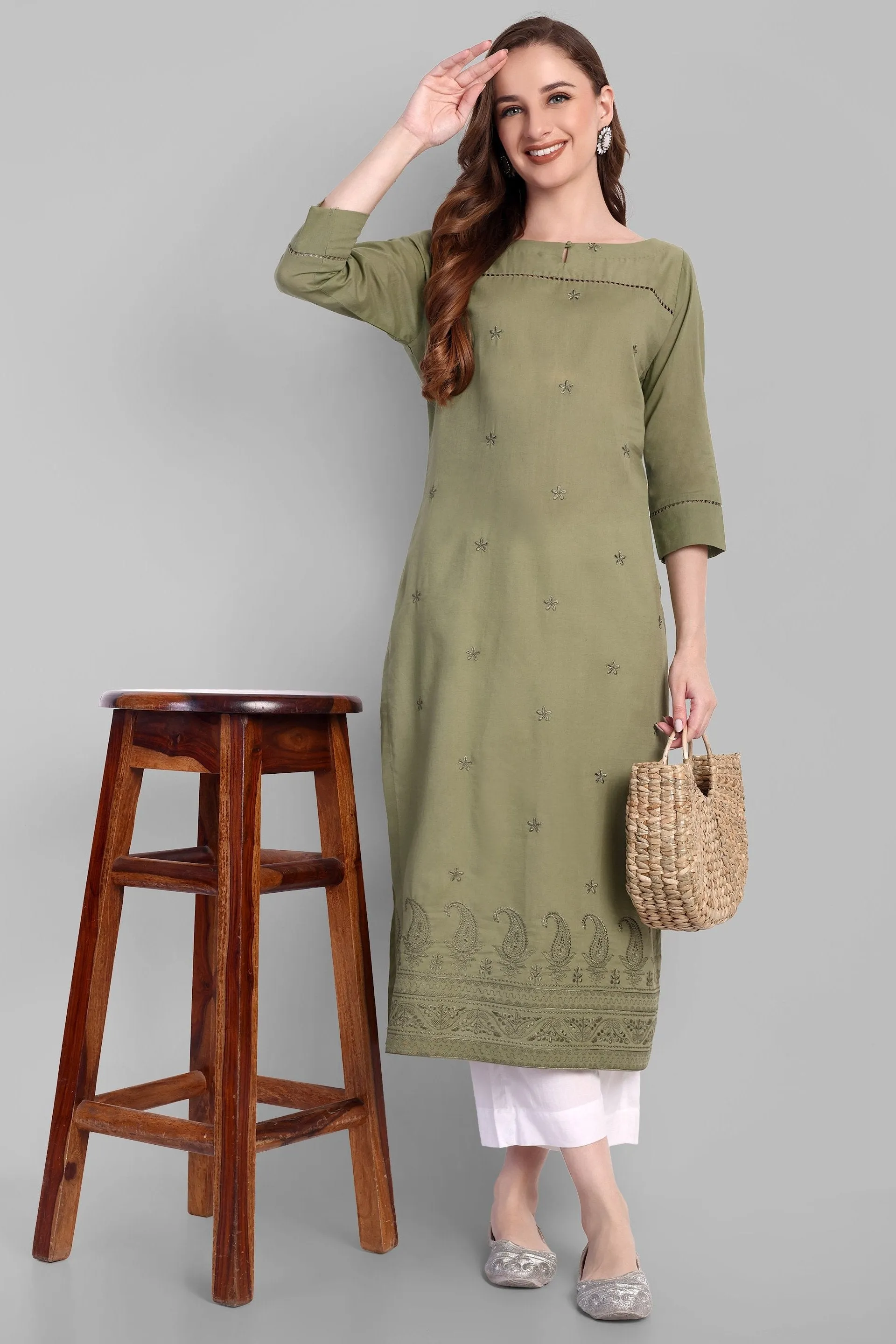 Khaki mul Long chikankari Kurta and pant - Set of 2