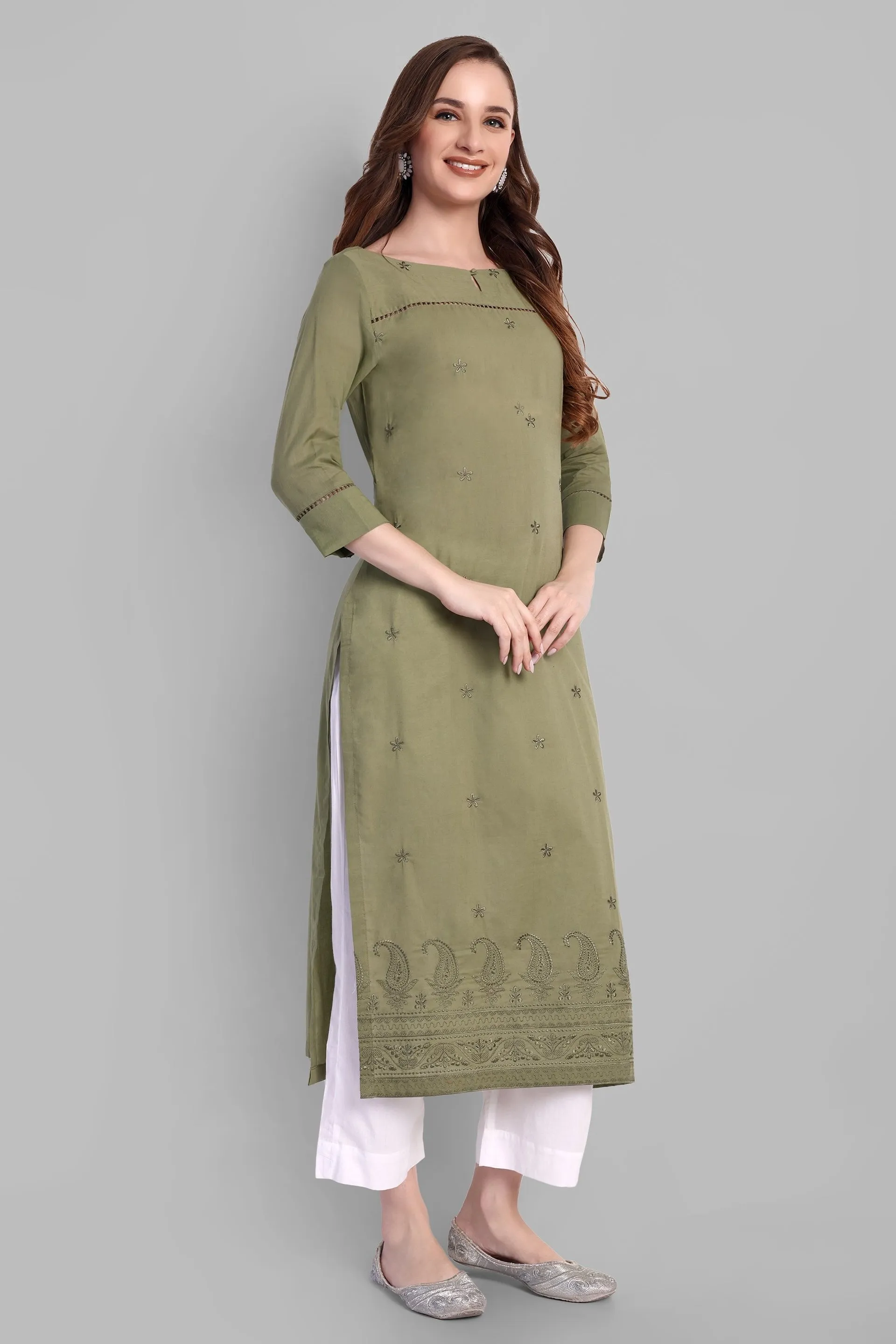 Khaki mul Long chikankari Kurta and pant - Set of 2