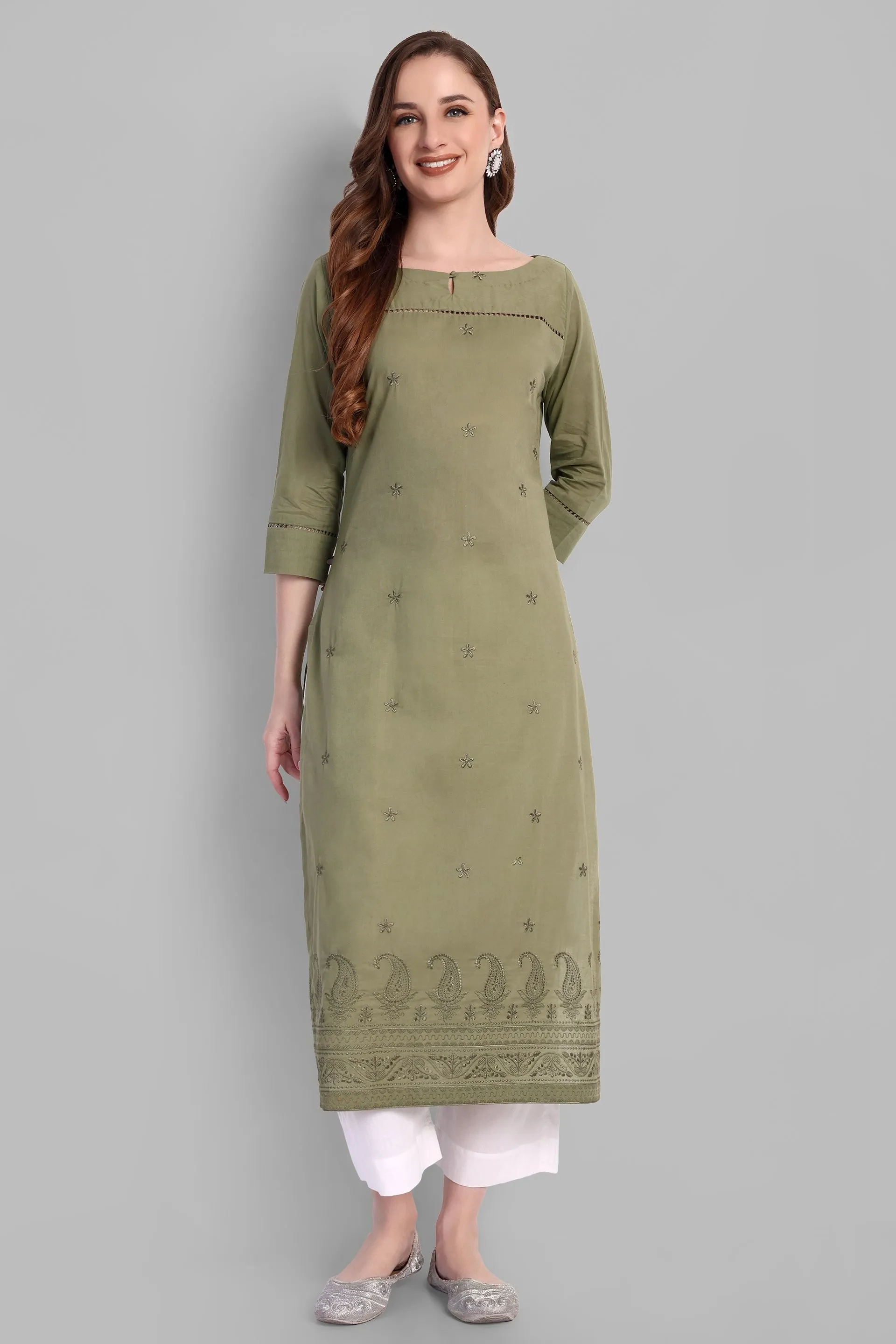 Khaki mul Long chikankari Kurta and pant - Set of 2