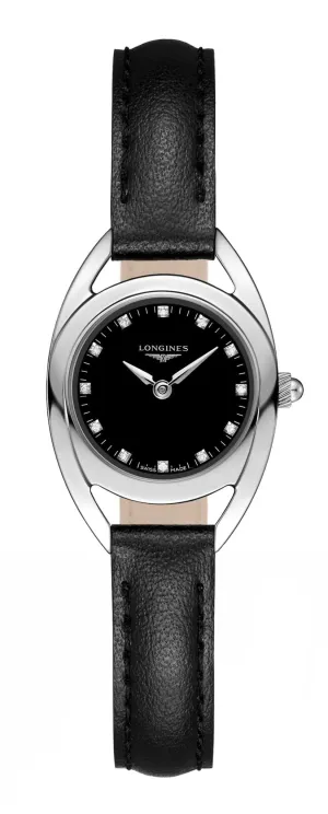 Longines Equestrian Stainless Steel Black Dial Black Leather Strap Diamonds Quartz Womens Watch L6.135.4.57.0