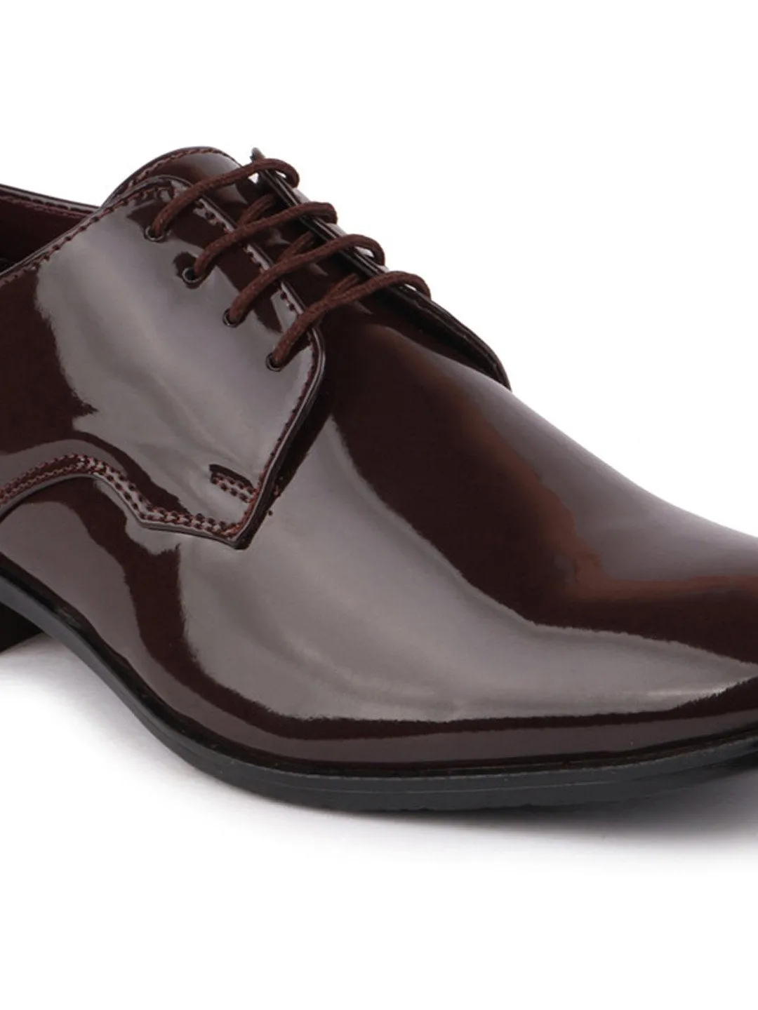 Men Brown Formal Patent Leather Lace-Up Derby Shoes