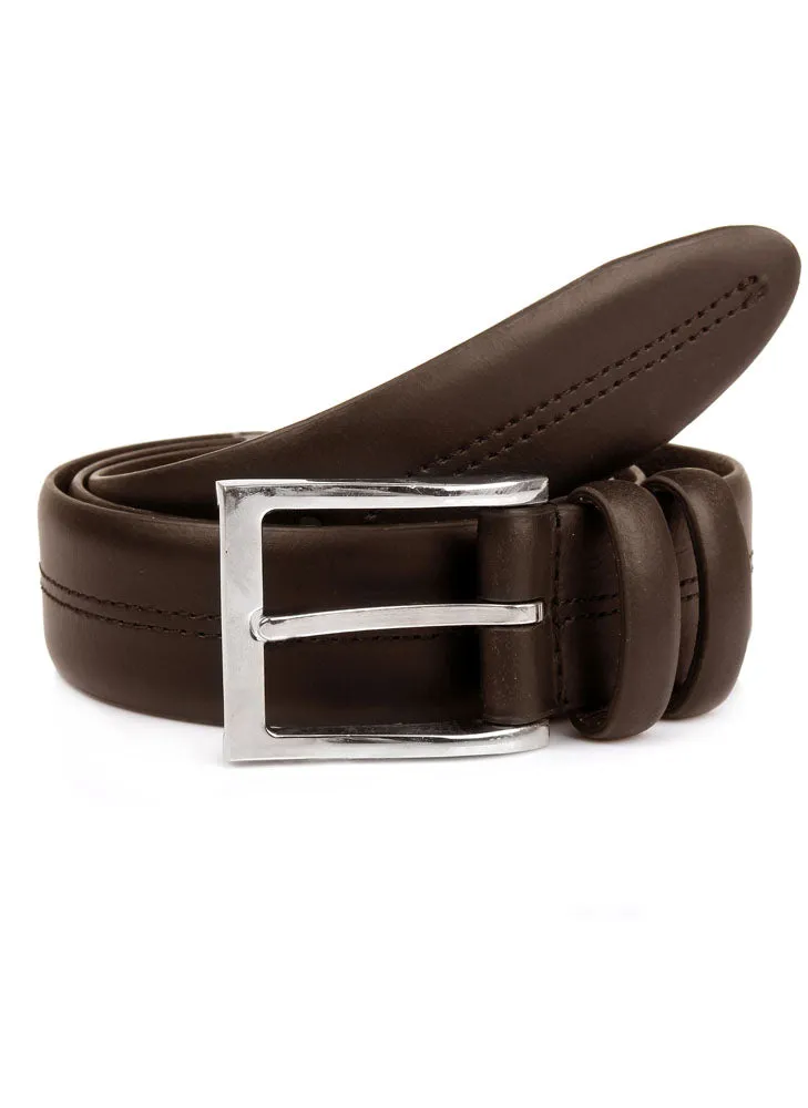 Men's Lined Full-Grain Leather Belt with Shiny Silver Buckle and Stitch Detail