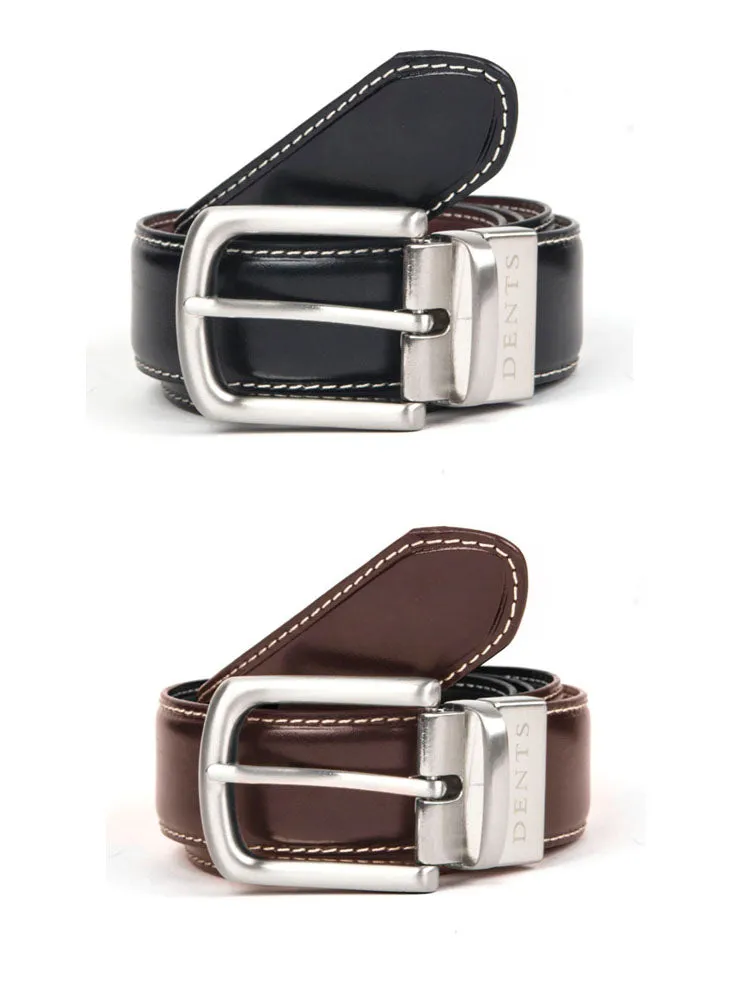 Men's Reversible Leather Belt with Brushed Silver Buckle and Contrast Stitching