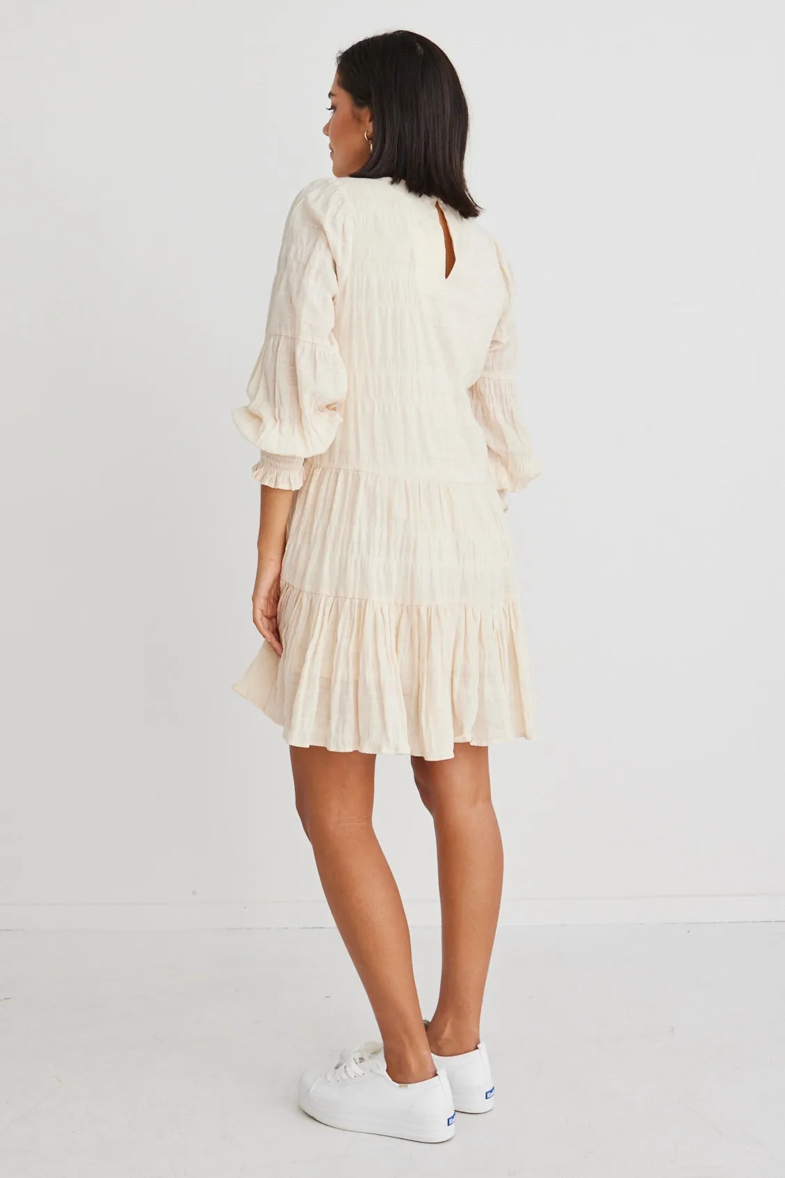 Millie Ecru Shirred Cotton Ls Tiered Mini Dress