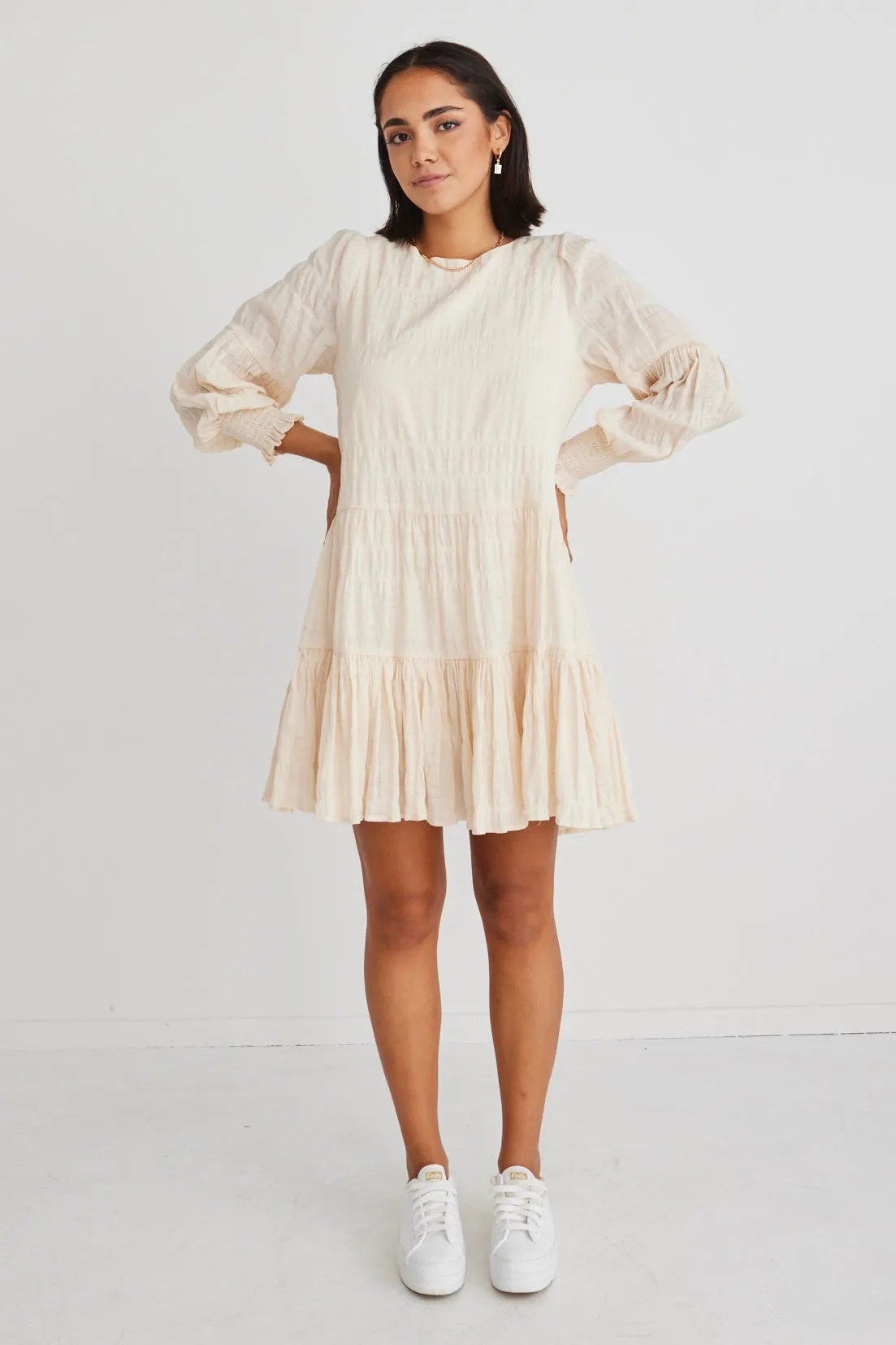 Millie Ecru Shirred Cotton Ls Tiered Mini Dress