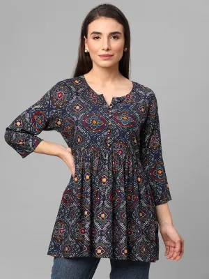 Navy Blue Ornamental Print Tunic