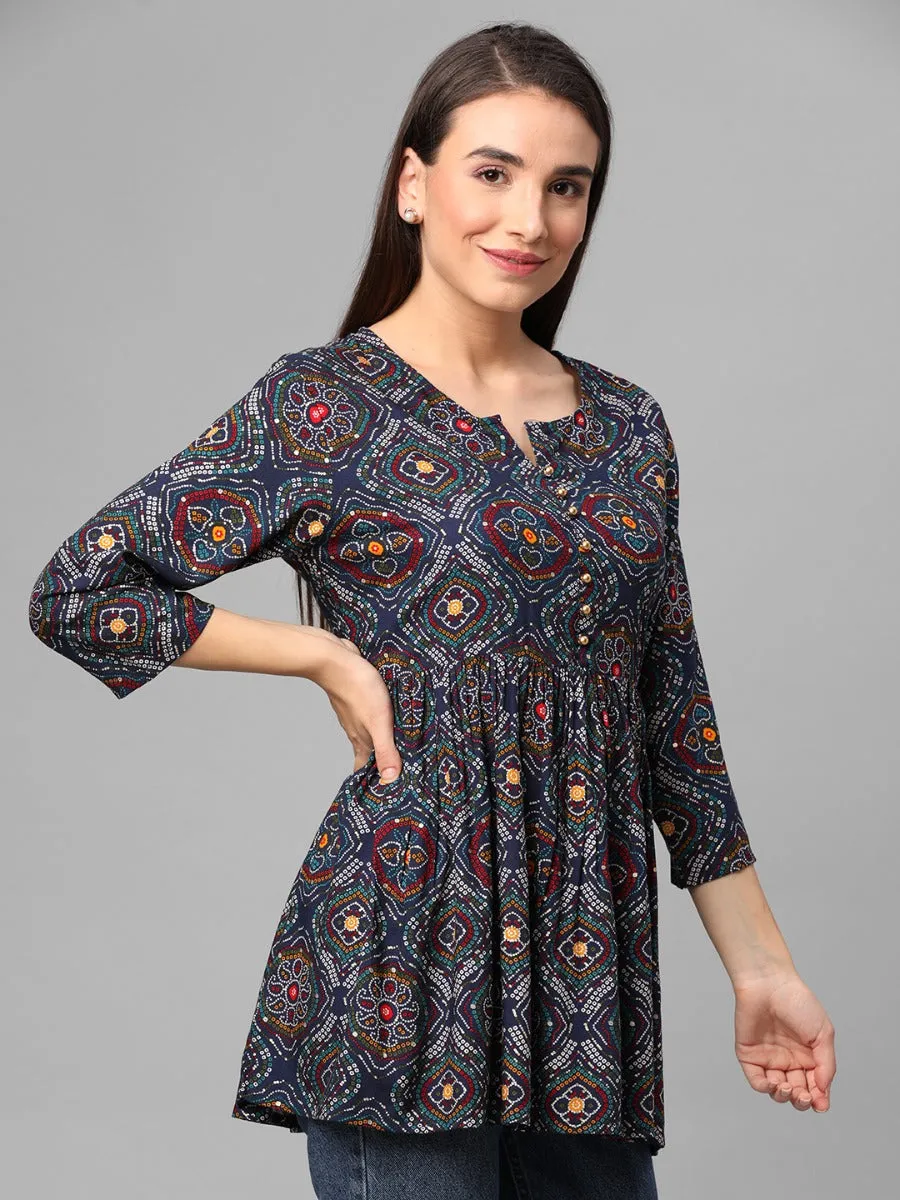 Navy Blue Ornamental Print Tunic