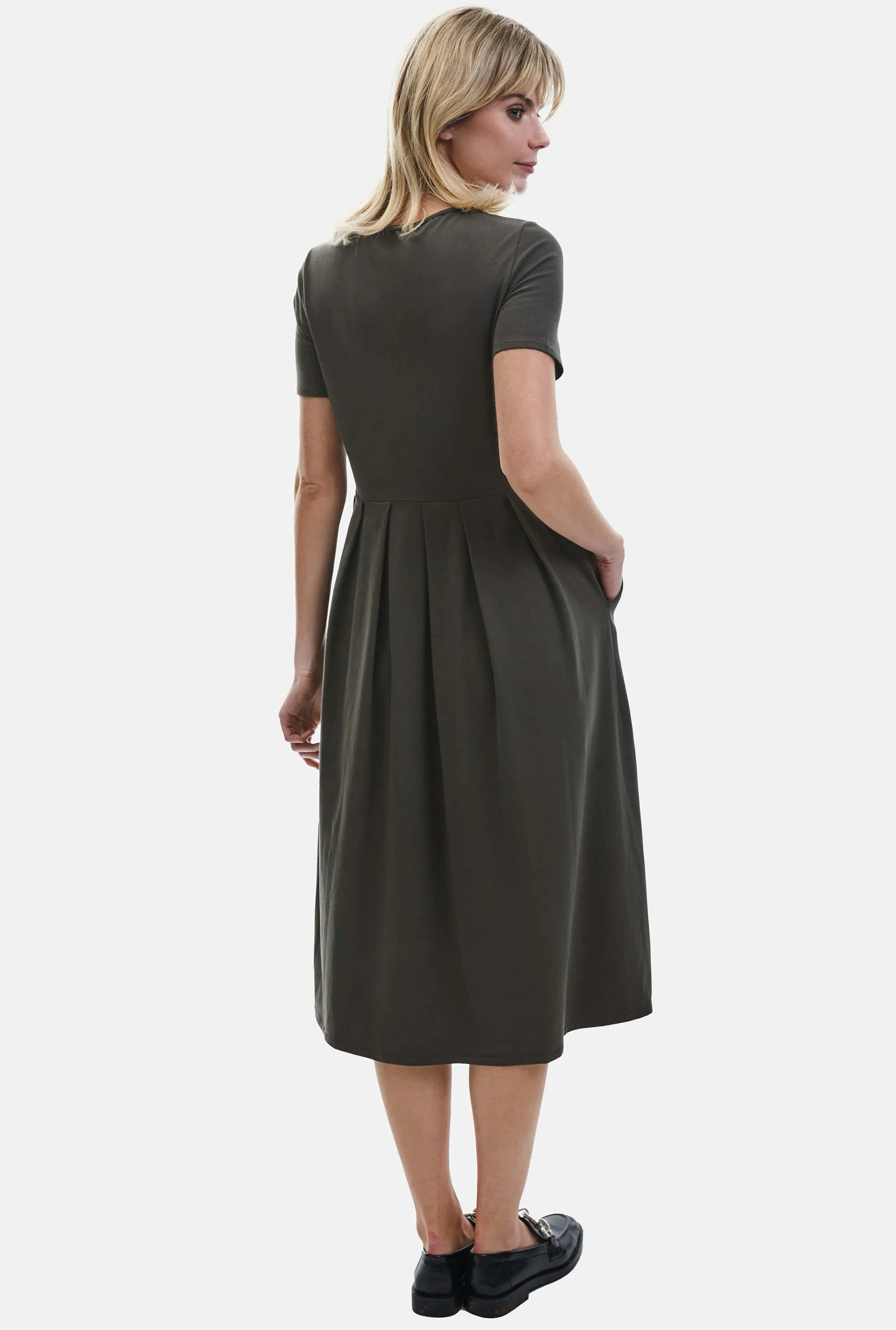 Pin Tuck Pocket Midi Dress Military Green