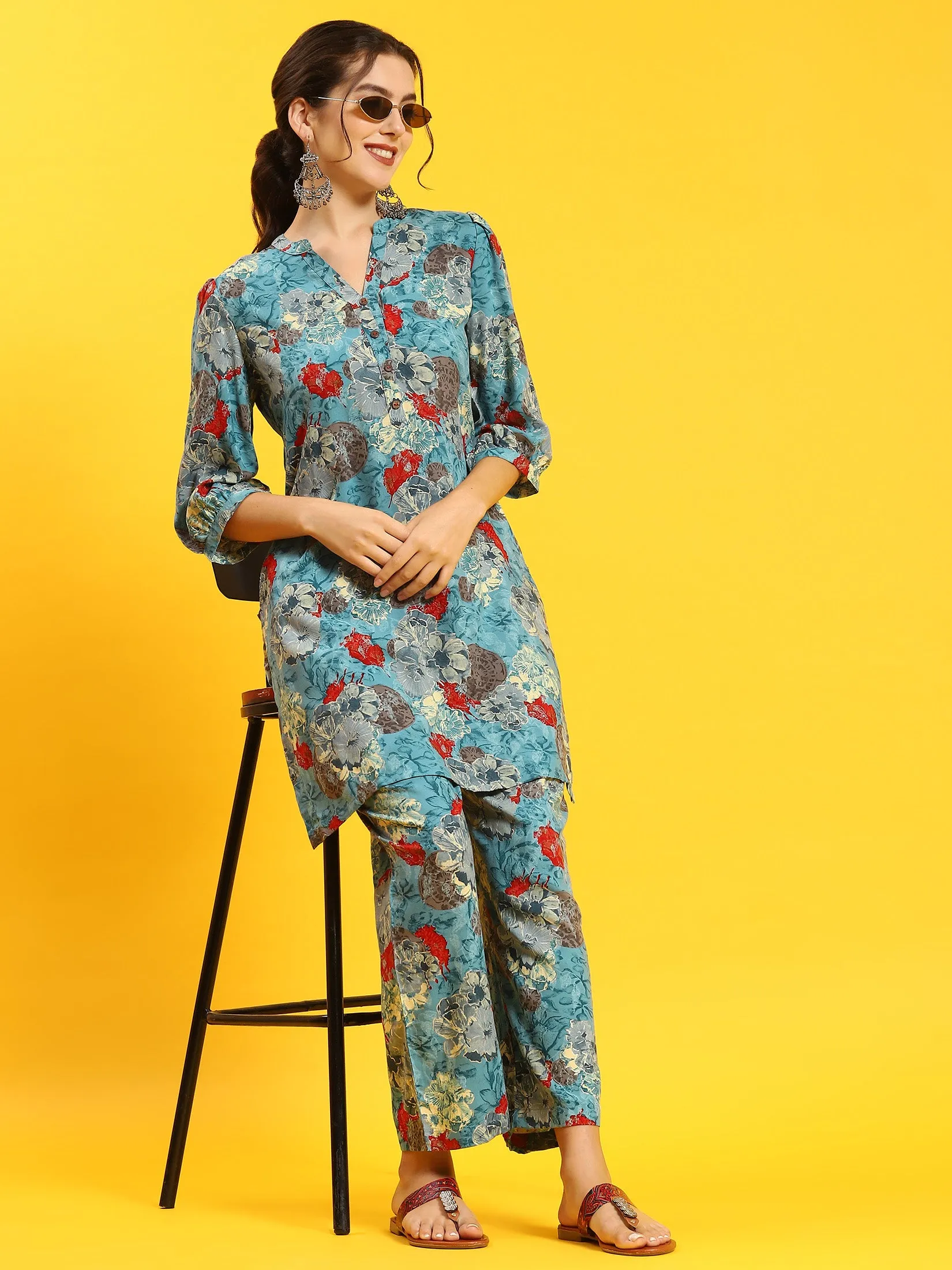 Women Blue Floral Print Co-Ord Set